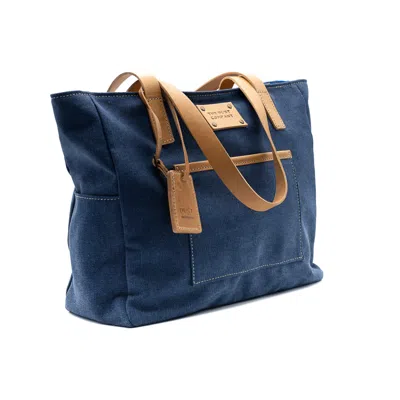 The Dust Company Women's Tote In Cotton Blue & Vegetable Tanned Leather In Brown