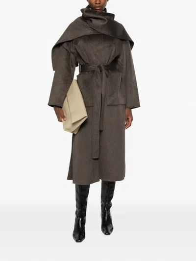 The Dynamis Studio Scarf-detail Belted Coat In Gray