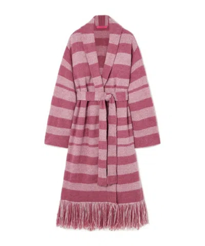 The Elder Statesman Belted Fringed Striped Cashmere Cardigan In Pink