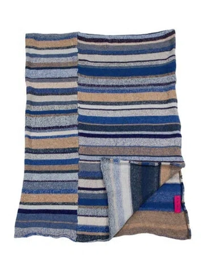Pre-owned The Elder Statesman Cashmere Stripe Super Soft Blanket In Blue