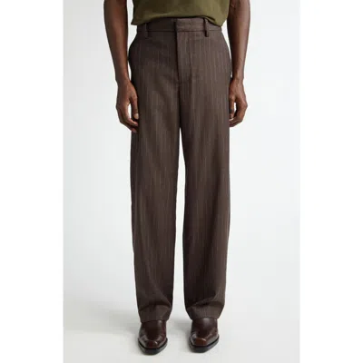 The Elder Statesman Chalk Stripe Flat Front Wool & Cashmere Trousers In Brown