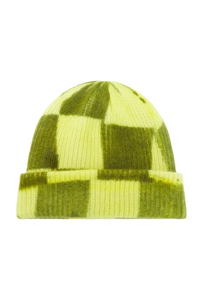 The Elder Statesman Chess Beanie In Ivory  New Olive & Butter