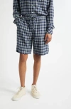 The Elder Statesman Dune Plaid Fringe Cotton Drawstring Beach Shorts In Blue