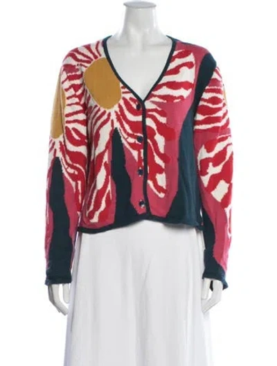 Pre-owned The Elder Statesman Graphic Print V-neck Sweater In Red