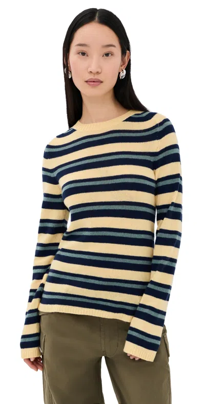 The Elder Statesman Laurel Stripe Crew Cashmere Pullover Cypress Stripe In Gold