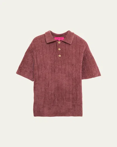 The Elder Statesman Men's Chenille Ribbed Polo Shirt In Burgundy