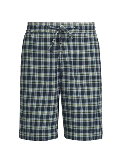 The Elder Statesman Men's Dune Plaid Fringe Beach Shorts In Blue