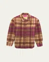 The Elder Statesman Men's Felted Wool Plaid Overshirt In Pink Multi