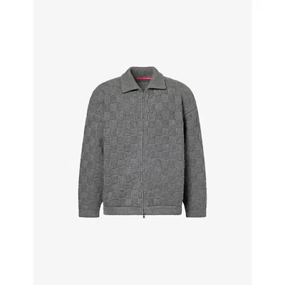 The Elder Statesman Mens Granite Hunter Checkered Knitted Cashmere Jacket In Gray