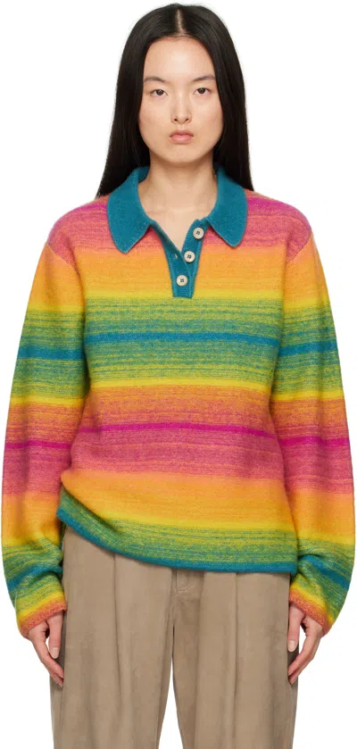 The Elder Statesman Multicolor Blurry Stripe Rugby Polo In D377 Blurry Stripe