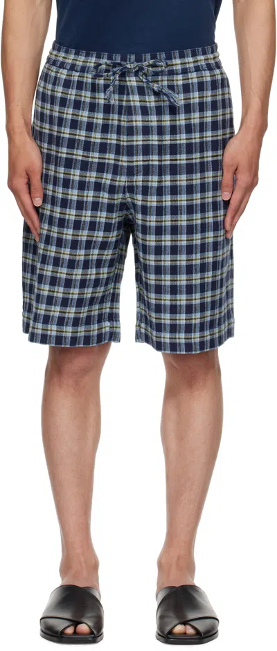 The Elder Statesman Navy Dune Plaid Fringe Beach Shorts In Blue