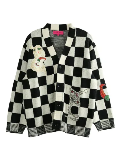 THE ELDER STATESMAN NORA LITE CREATURES CHECK-PATTERN EMBROIDERED CARDIGAN
