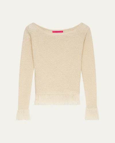 The Elder Statesman Nora Lite Knit Fringe Long-sleeve Sweater In Brown