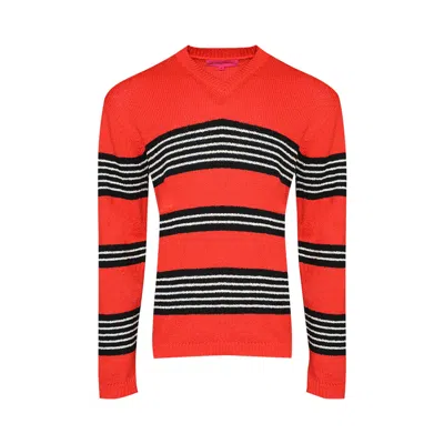 Pre-owned The Elder Statesman Nora Rollie Stripe V-neck 'neon Red/black/natural' | Men's Size M