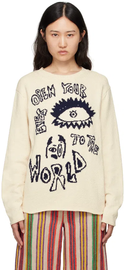 The Elder Statesman Off-white Nora Open Eyes Sweater In Natural/navy