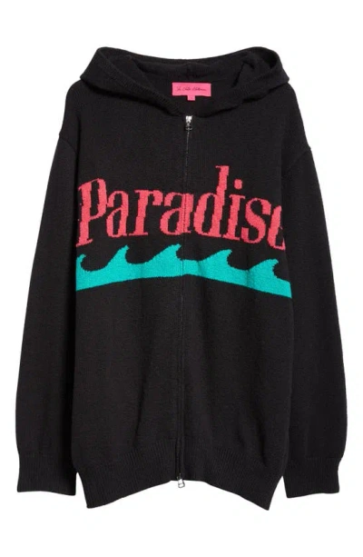 The Elder Statesman Paradise Full Zip Hooded Sweater In Black/ Flamingo/ Miami Blue