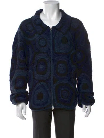 Pre-owned The Elder Statesman Printed Mock Neck Cardigan In Blue