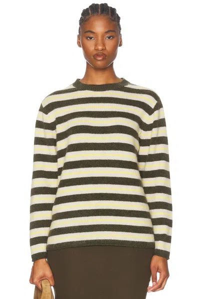 The Elder Statesman Sinful Stripe Crew Neck Sweater In Olive  White  & New Yellow