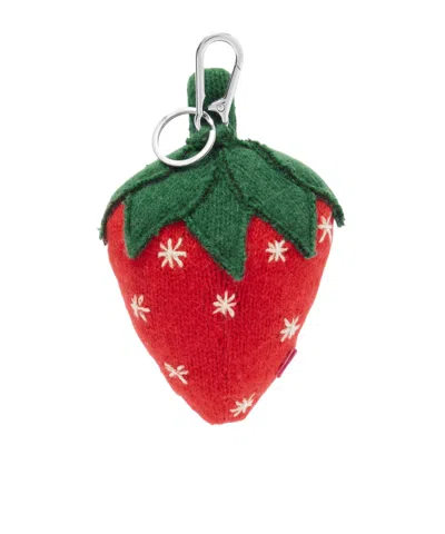 The Elder Statesman Strawberry Crocheted Cashmere Keychain In Red