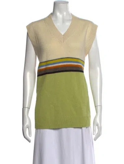 Pre-owned The Elder Statesman Striped V-neck Sweater In Green