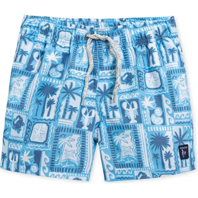 The Endless Summer Kids' Palm Print Volley Swim Trunks In Blue