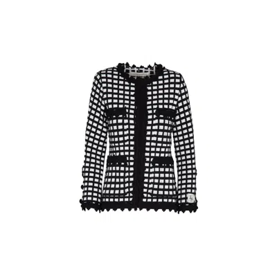 The Extreme Collection Black / White Women's Black And White Checkered Tweed Jacket With Fringe Detailing Yves In Black/white
