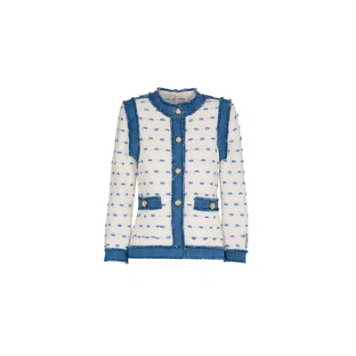 The Extreme Collection Blue / White Women's Textured Tweed Jacket In White With Blue Accents - Elegant And Tailored Design In Blue/white