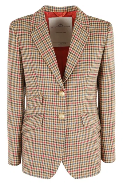 THE EXTREME COLLECTION CHECK PATTERN BEIGE AND MAROON MONO-BREASTED BLAZER