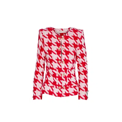 The Extreme Collection Red / White Women's Red And White Houndstooth Cropped Blazer With Gold Buttons Breton In Red/white