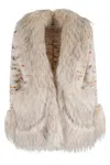 The Extreme Collection Textured Ecru Short Coat With Faux Fur Accents In White
