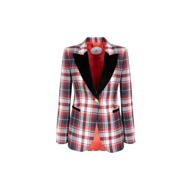 The Extreme Collection Women's Anabel Fitted Red Plaid Blazer With Black Velvet Lapels And Golden Buttons