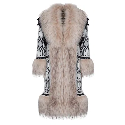 The Extreme Collection Women's Black Alpaca Merino Wool Longline Coat With Vegan Fur Details Agata