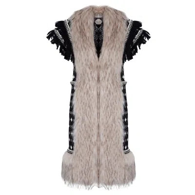 The Extreme Collection Women's Black Alpaca Wool And Cotton Without Sleeves Longline Coat Vegan Fur Details Casandra