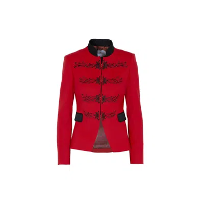 The Extreme Collection Women's Black Embroidered In Red Premium Crepe Single Breasted Fiorella Blazer