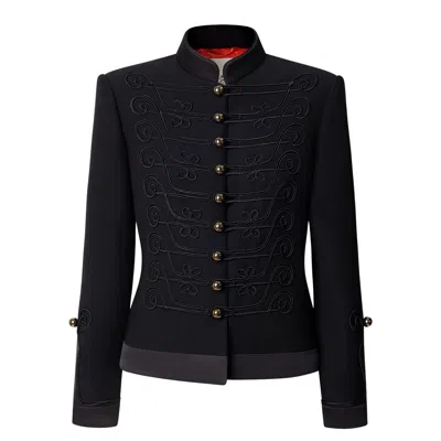 The Extreme Collection Women's Black Premium Crepe Mao Collar Fitted Blazer With Golden Buttons Spezia In Blue