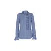 The Extreme Collection Women's Blue Boheme Navy Gingham Blouse With Ruffled Trim And High Collar