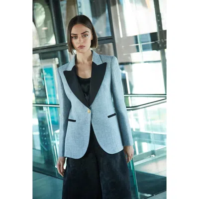 The Extreme Collection Women's Blue Cipriani Light Gray Tailored Blazer With Black Lapel And Gold Buttons