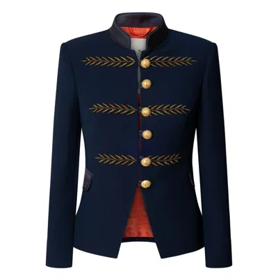 The Extreme Collection Women's Blue / Gold Cropped Navy Blue Embroidered Blazer Renata Gold In Blue/gold