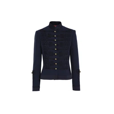 The Extreme Collection Women's Blue Navy Premium Crepe Mao Collar Fitted Blazer With Golden Buttons Spezia