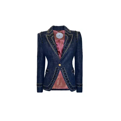 The Extreme Collection Women's Blue Rock Star Fitted Denim Blazer With Gold Studs And Pink Jacquard Lining