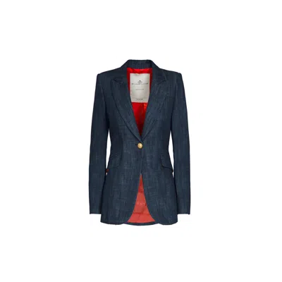 The Extreme Collection Women's Blue Tailored Dark Denim Jacket With Classic Lapels & Gold Button Details Milan