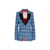 The Extreme Collection Women's Blue Tweed Blazer With Black Lapels And Modern Plaid Design Ottavia In Blue