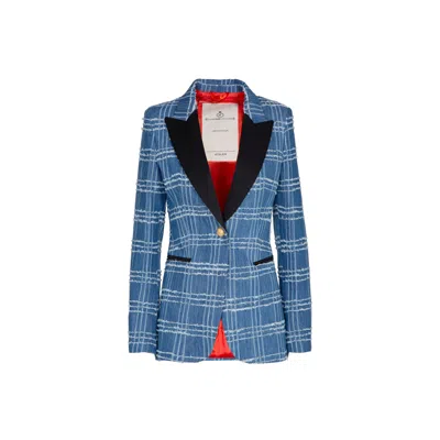 The Extreme Collection Women's Blue Tweed Blazer With Black Lapels And Modern Plaid Design Ottavia