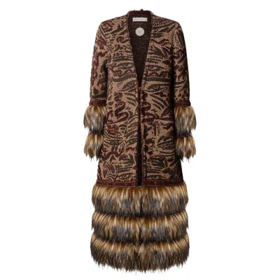 The Extreme Collection Women's Brown Long Patterned Coat With Faux Fur Violetta