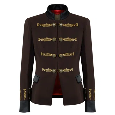 The Extreme Collection Women's Brown Military Blazer With Satin Details And Gold Fish Embroidery