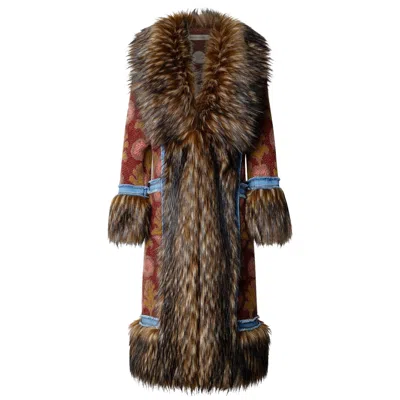 The Extreme Collection Women's Brown Multicolour Long Knit Coat With Faux Fur Piper