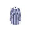The Extreme Collection Women's Gabrielle Navy Blue Striped Shirt With Ruffled Trim And High White Collar