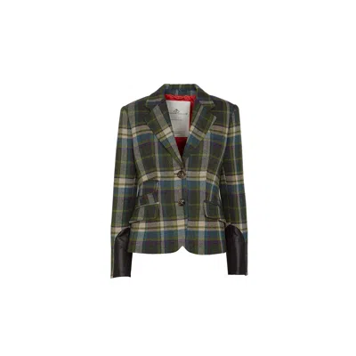 The Extreme Collection Women's Green And Multicolor Plaid Wool Blazer With Leather Accents Vermont