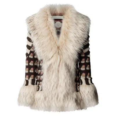 The Extreme Collection Women's Green Multicolour Short Knit Coat With Faux Fur Daisy