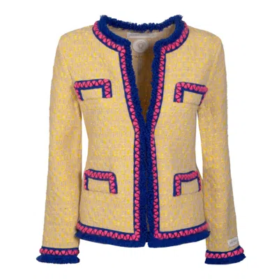 The Extreme Collection Women's Mafalda Wool And Alpaca Yellow Tweed Jacket With Pink And Blue Detail